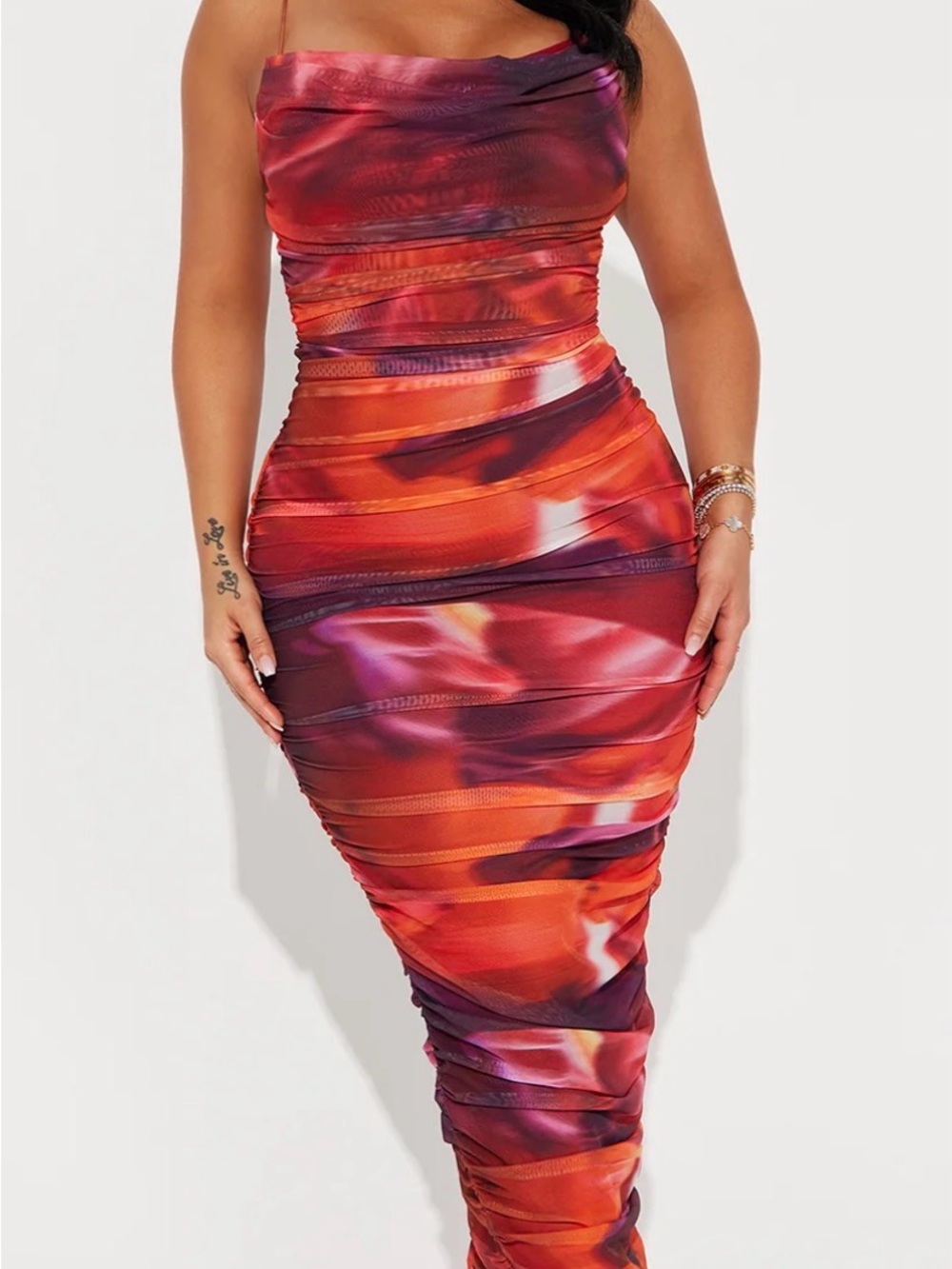 Fashion Nova Ruched Midi Dress in Red-Orange Print